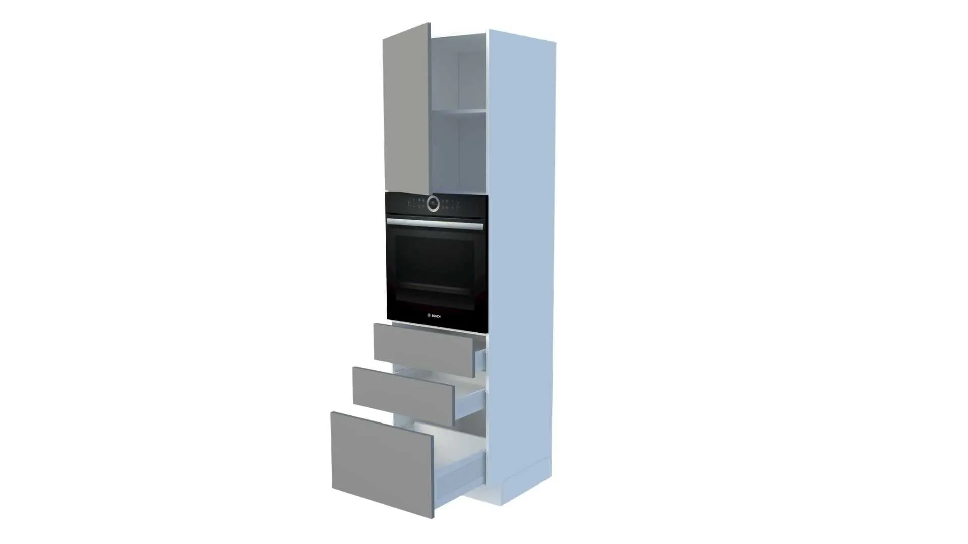 Kõrge integreeritav ahjukapp 3 sahtli, ukse ja vaheriiuliga, 60 cm