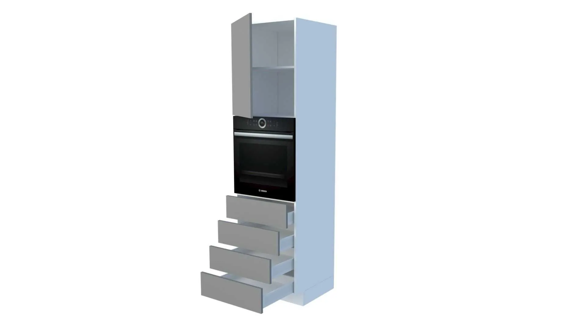 Tall integrated oven cabinet with 4 drawers, door and intermediate shelf, 60 cm